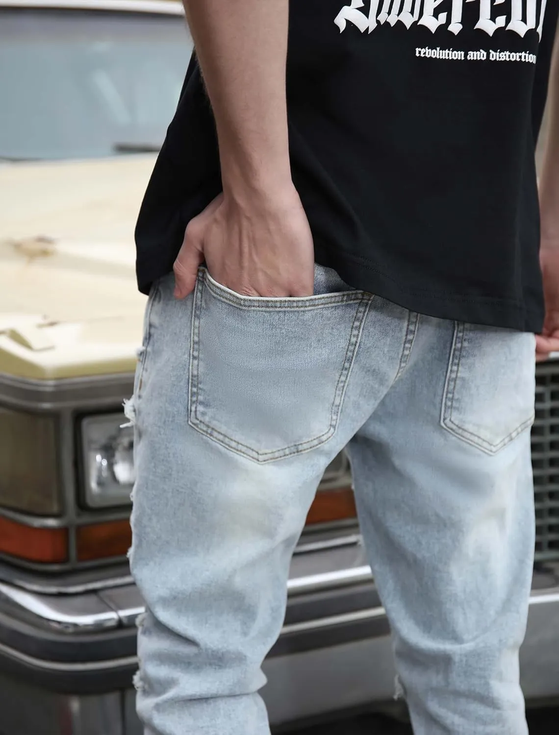 Men's Ripped Bootcut Jeans Slim Fit Bell Bottom Jeans for Men 70s Ripped Flared Denim Pants Stacked