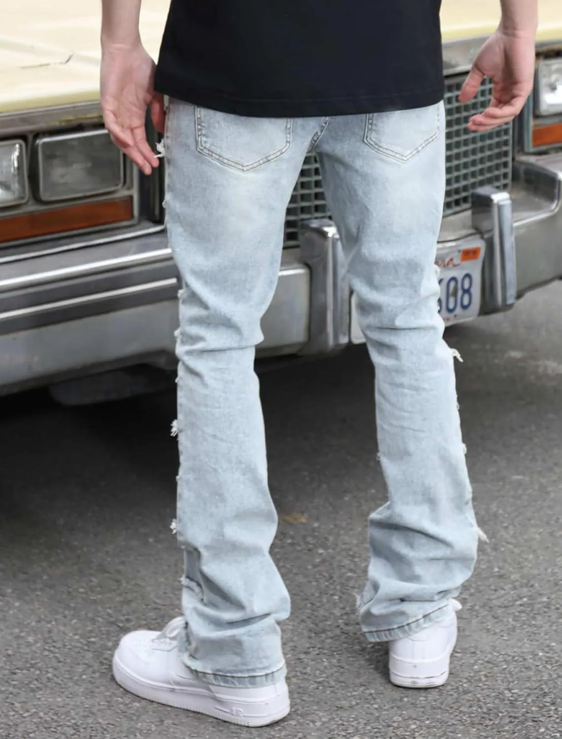 Men's Ripped Bootcut Jeans Slim Fit Bell Bottom Jeans for Men 70s Ripped Flared Denim Pants Stacked