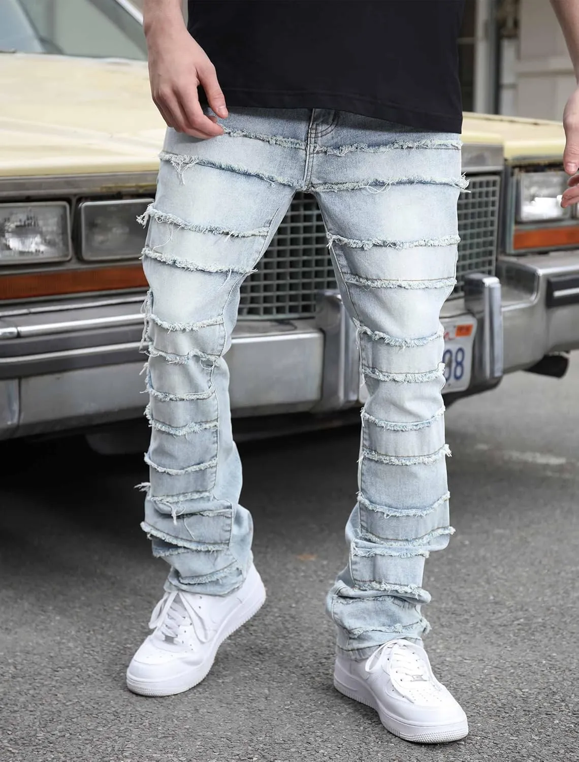 Men's Ripped Bootcut Jeans Slim Fit Bell Bottom Jeans for Men 70s Ripped Flared Denim Pants Stacked