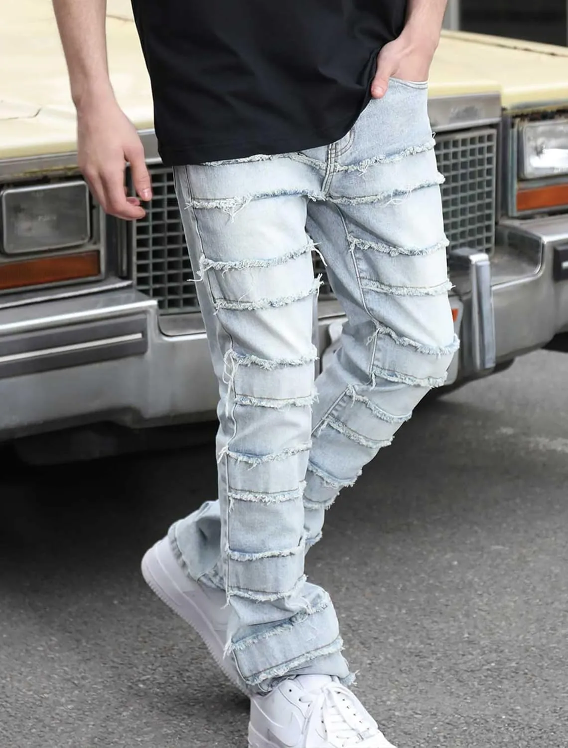 Men's Ripped Bootcut Jeans Slim Fit Bell Bottom Jeans for Men 70s Ripped Flared Denim Pants Stacked