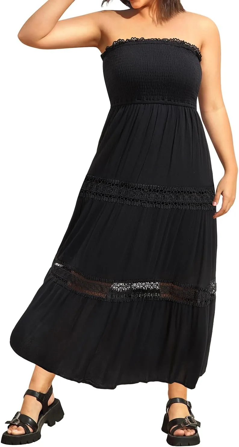 Plus Size Summer Dress- Beach Tube Casual Boho Strapless Flowy Long Sun Maxi Dresses