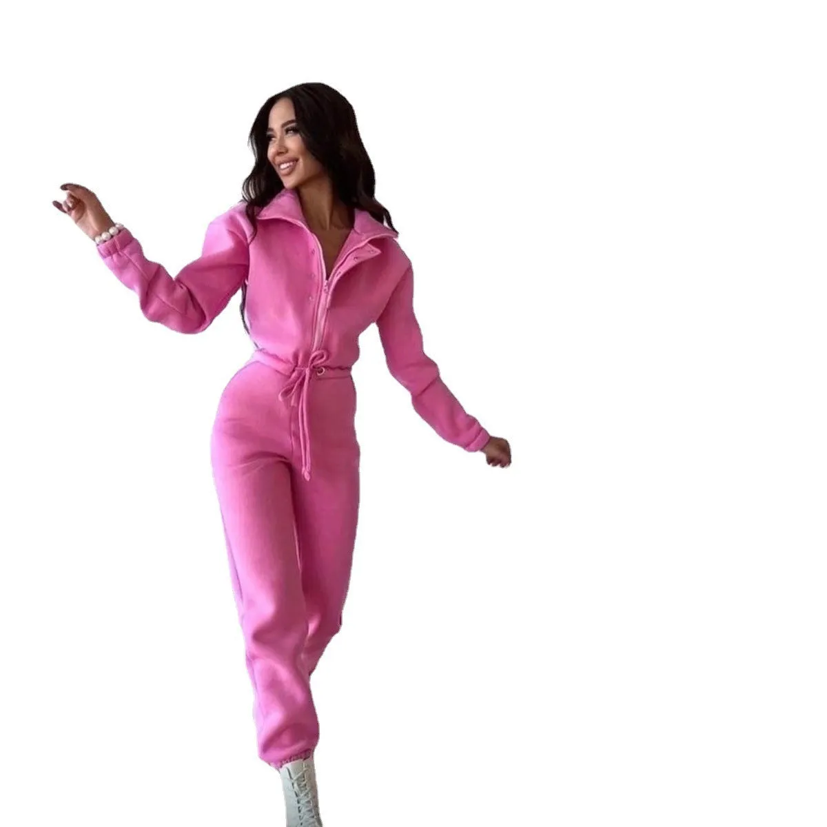 Polo Stand-up Collar Cinched Cotton Blend Jumpsuits