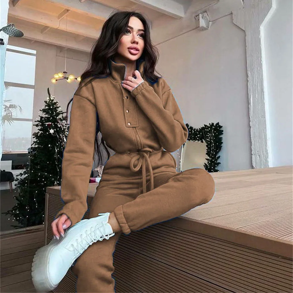 Polo Stand-up Collar Cinched Cotton Blend Jumpsuits