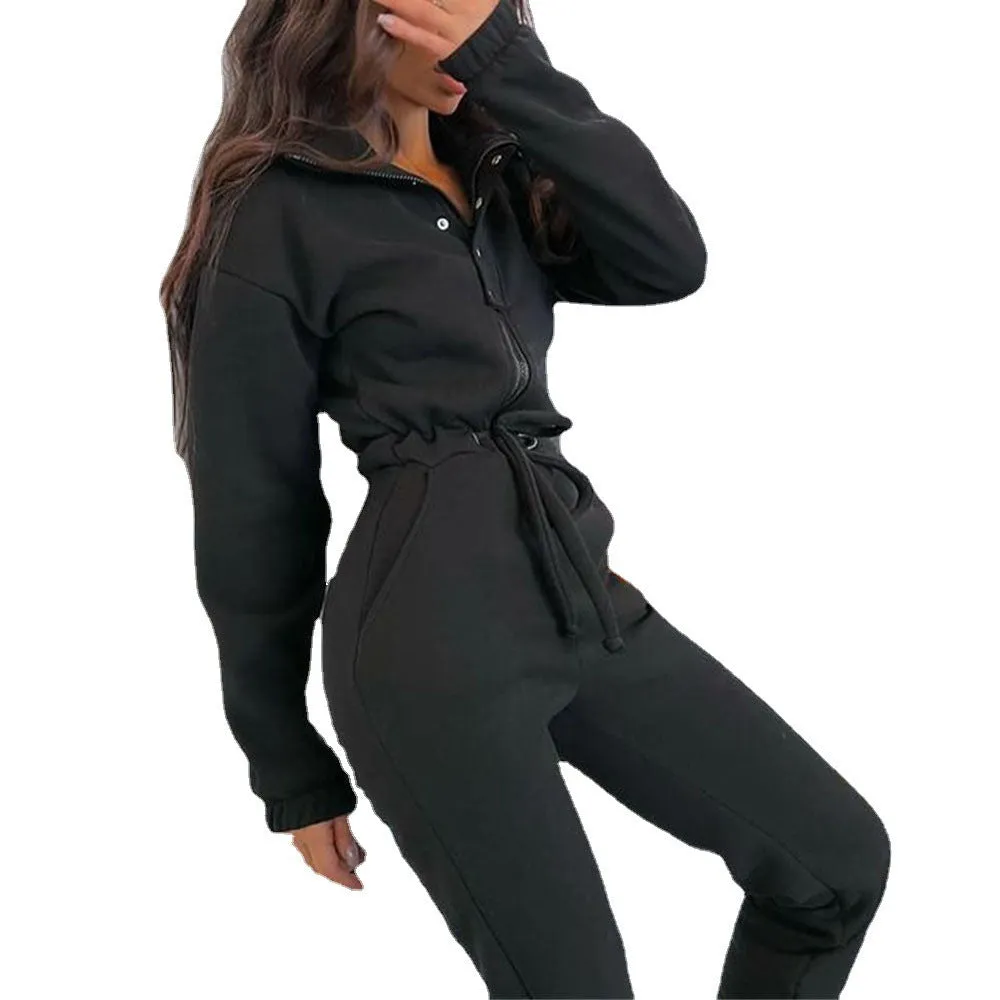 Polo Stand-up Collar Cinched Cotton Blend Jumpsuits