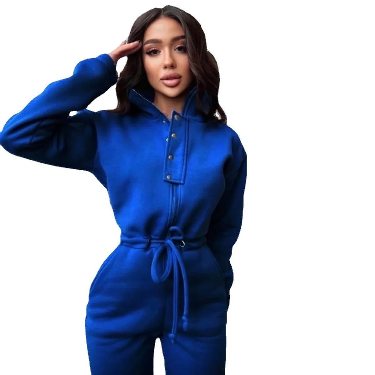 Polo Stand-up Collar Cinched Cotton Blend Jumpsuits
