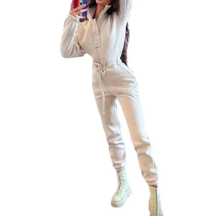Polo Stand-up Collar Cinched Cotton Blend Jumpsuits