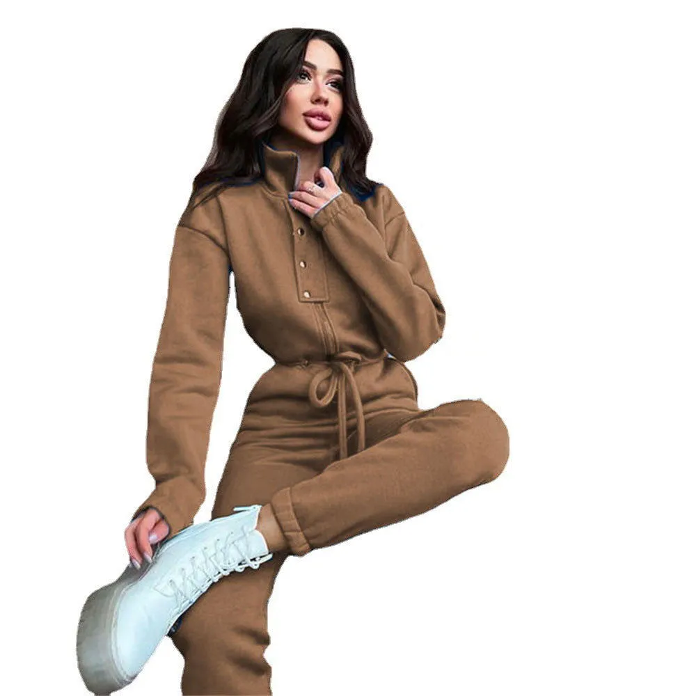 Polo Stand-up Collar Cinched Cotton Blend Jumpsuits