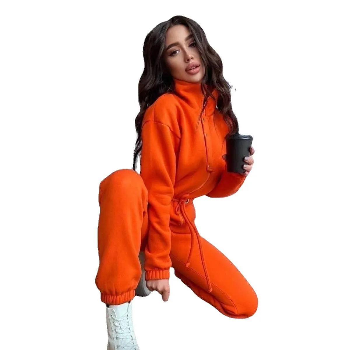 Polo Stand-up Collar Cinched Cotton Blend Jumpsuits