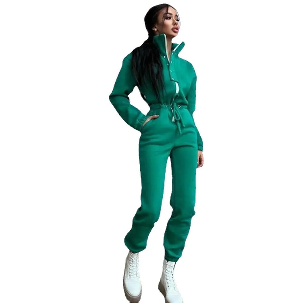 Polo Stand-up Collar Cinched Cotton Blend Jumpsuits