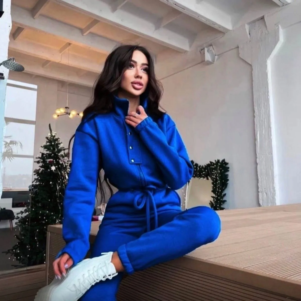 Polo Stand-up Collar Cinched Cotton Blend Jumpsuits