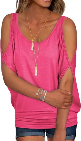 RANPHEE Womens Summer Cold Shoulder Tops Casual Scoop Neck Loose Fit T Shirt