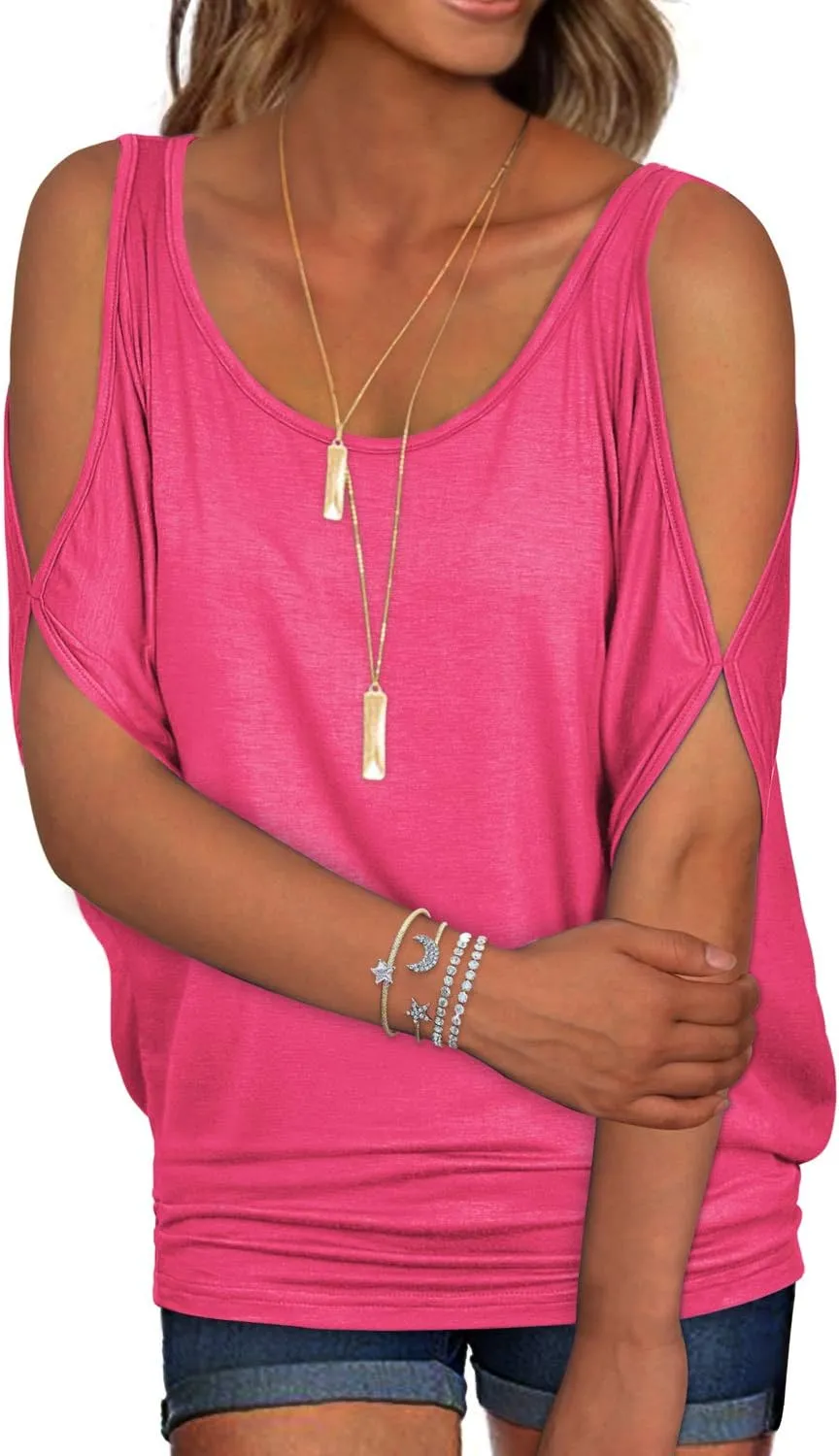 RANPHEE Womens Summer Cold Shoulder Tops Casual Scoop Neck Loose Fit T Shirt