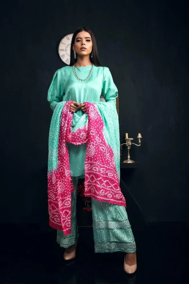 Sadia Aamir - Sea green Kaira - Raw Silk shirt with Chunri Dupatta - 3 Piece