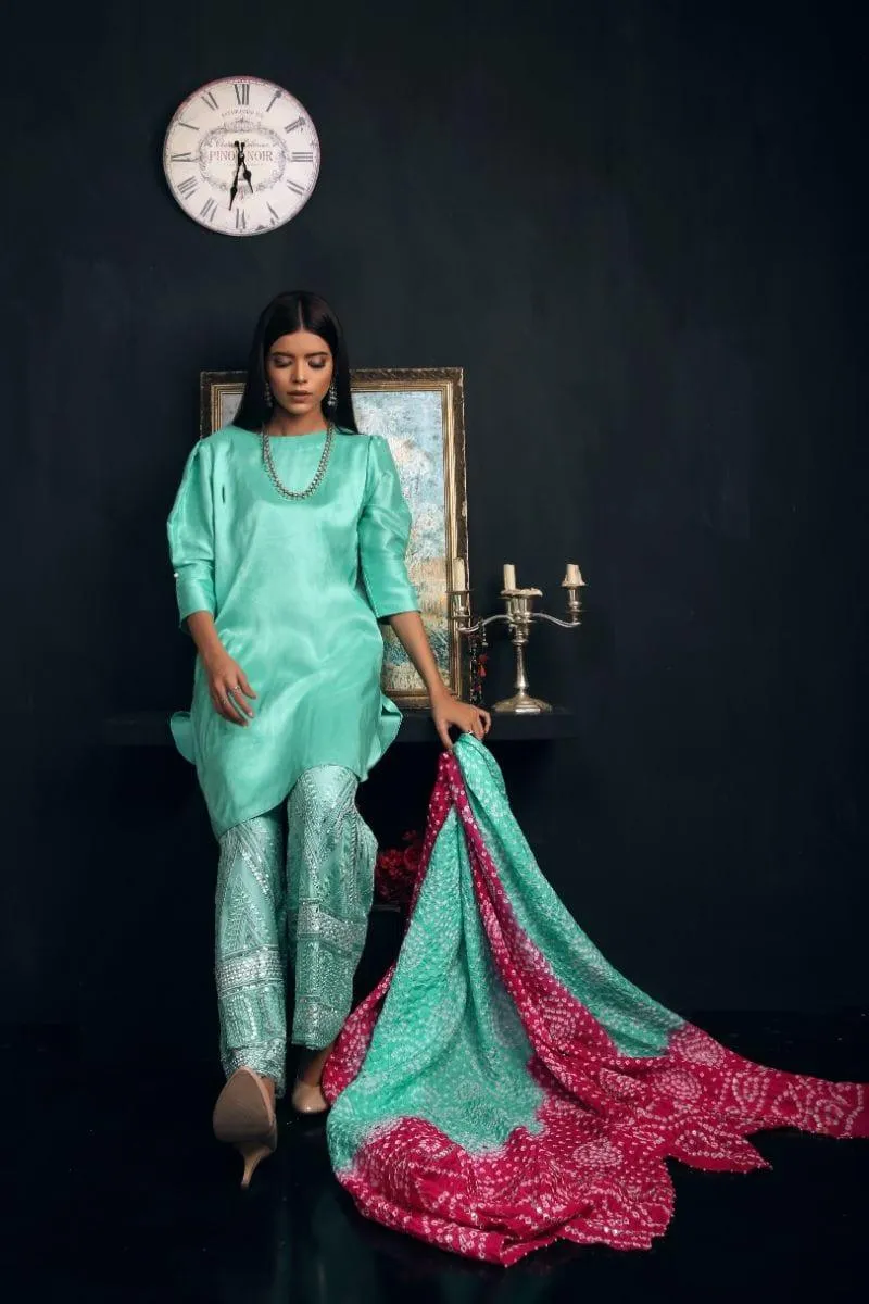Sadia Aamir - Sea green Kaira - Raw Silk shirt with Chunri Dupatta - 3 Piece