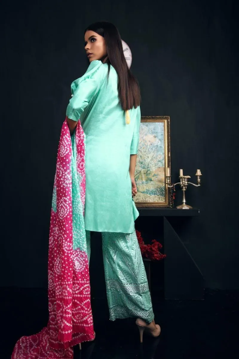 Sadia Aamir - Sea green Kaira - Raw Silk shirt with Chunri Dupatta - 3 Piece