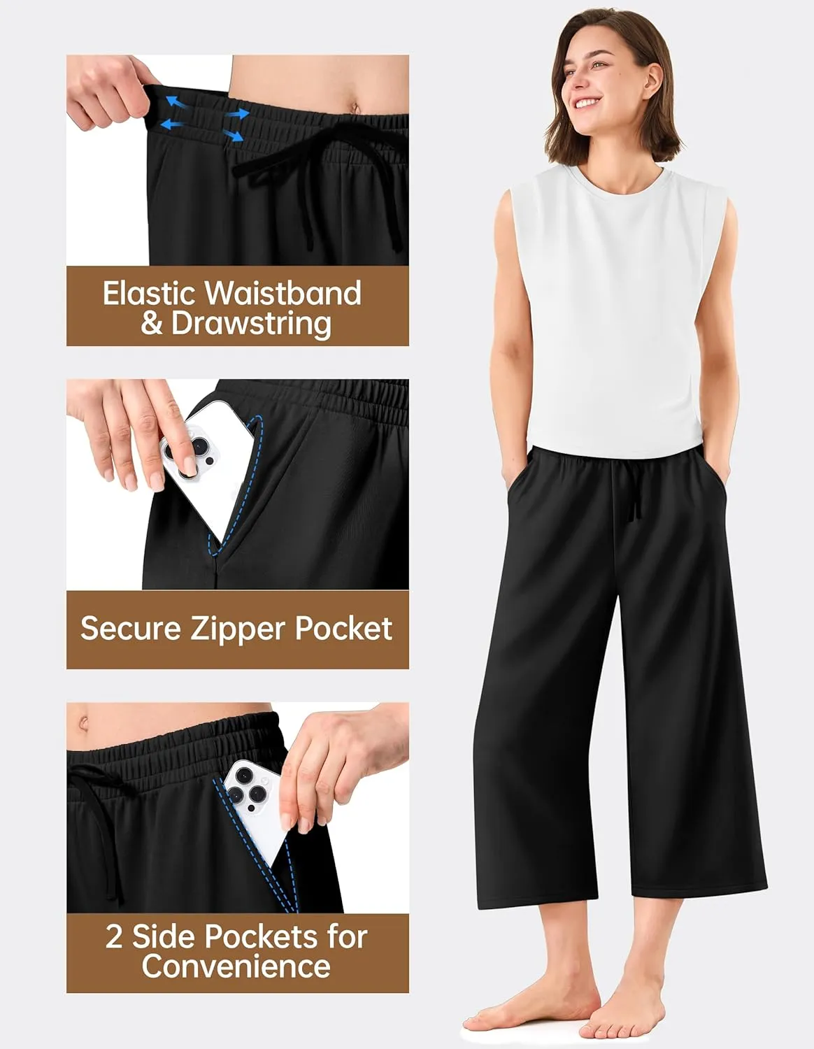 SPECIALMAGIC Capri Pants for Women Wide Leg Yoga Cropped Pants with Pockets 22" High Waist Lounge Yoga Casual