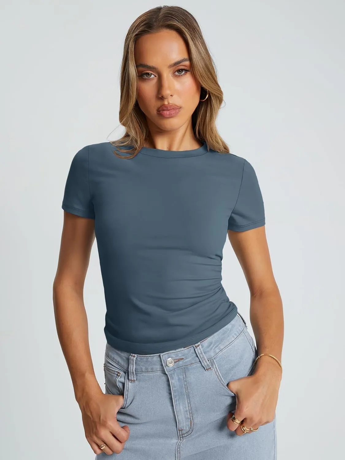 Trendy Queen Womens Basic T Shirts Summer Tops 2025 Crop Short Sleeve Slim Fit Tee Cute Gym Workout Clothes
