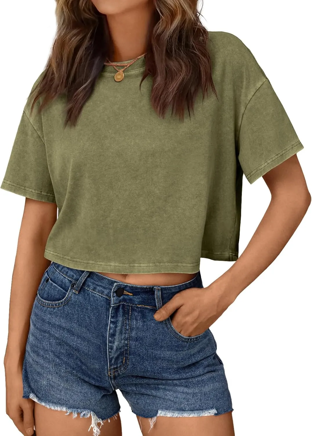 Trendy Queen Womens Crop Tops Short Sleeve T-Shirts Acid Wash Casual Summer Clothes Trendy Comfy 2025 Workout Baggy Soft Tees