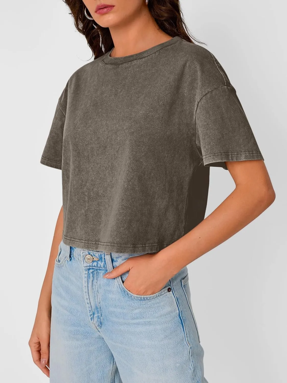 Trendy Queen Womens Crop Tops Short Sleeve T-Shirts Acid Wash Casual Summer Clothes Trendy Comfy 2025 Workout Baggy Soft Tees