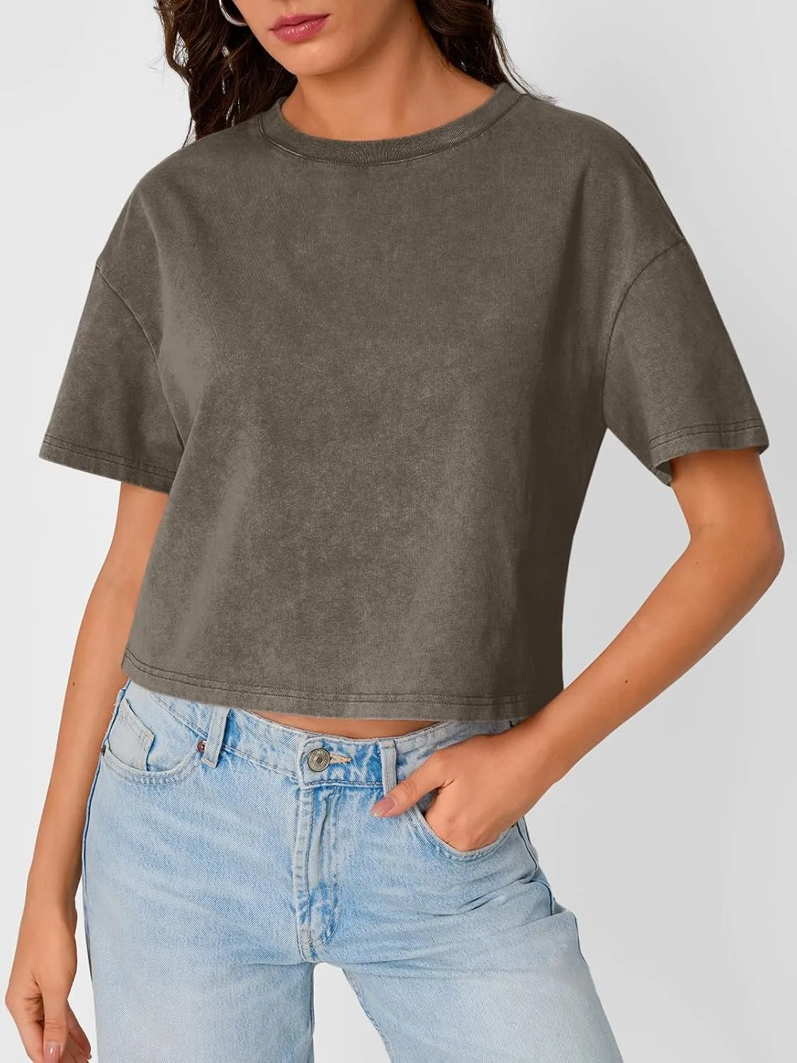 Trendy Queen Womens Crop Tops Short Sleeve T-Shirts Acid Wash Casual Summer Clothes Trendy Comfy 2025 Workout Baggy Soft Tees