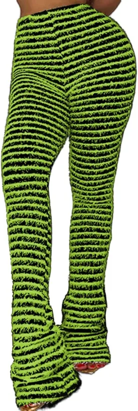 Vakkest Women's Striped Knitted Stacked Leggings Pants Hip Lifting Casual Streetwear Trousers Y2K Fluffy Jogger Sweatpants