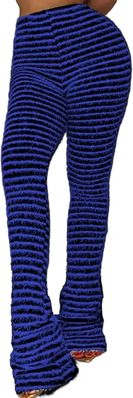 Vakkest Women's Striped Knitted Stacked Leggings Pants Hip Lifting Casual Streetwear Trousers Y2K Fluffy Jogger Sweatpants