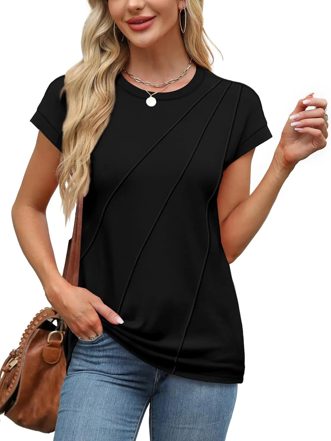WEESO Womens Tops Summer Cap Sleeve Pleated Crewneck T Shirts Loose Fit Dressy Casual Basic Tees Trendy Outfits