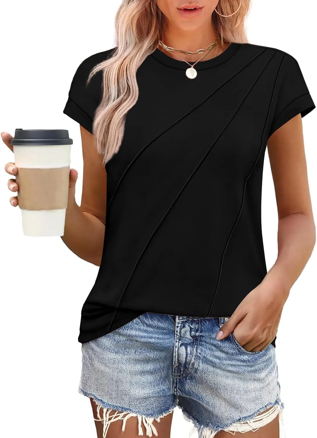 WEESO Womens Tops Summer Cap Sleeve Pleated Crewneck T Shirts Loose Fit Dressy Casual Basic Tees Trendy Outfits