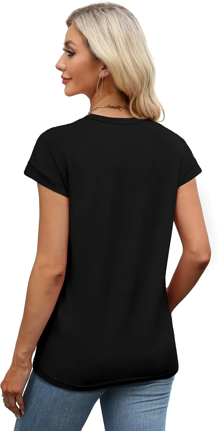 WEESO Womens Tops Summer Cap Sleeve Pleated Crewneck T Shirts Loose Fit Dressy Casual Basic Tees Trendy Outfits