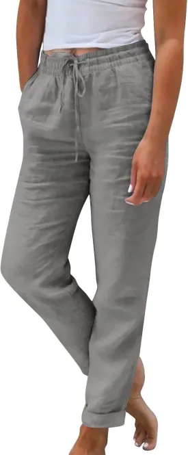 Women Linen Pants Casual Loose Elastic Waistband Boho Cropped Palazzo Beach Pants Summer Outfits 2025