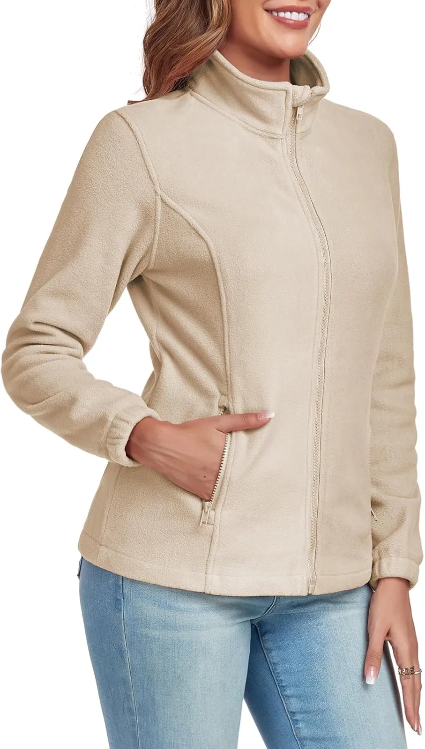 Women's Full Zip up Fleece Jackets Stand Collar Long Sleeve Sherpa Fuzzy Warm Jacket with Pocket