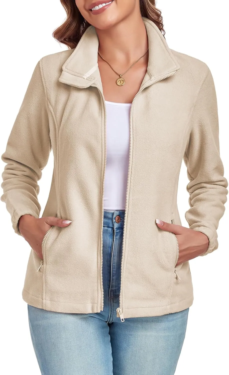 Women's Full Zip up Fleece Jackets Stand Collar Long Sleeve Sherpa Fuzzy Warm Jacket with Pocket