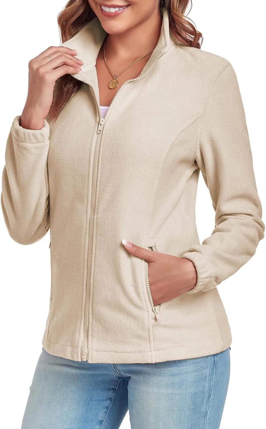 Women's Full Zip up Fleece Jackets Stand Collar Long Sleeve Sherpa Fuzzy Warm Jacket with Pocket