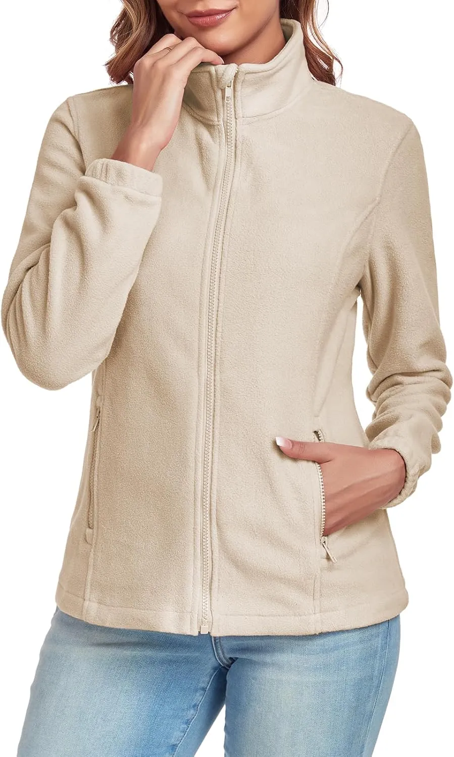 Women's Full Zip up Fleece Jackets Stand Collar Long Sleeve Sherpa Fuzzy Warm Jacket with Pocket