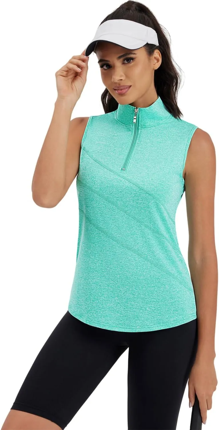 Womens Golf Polo Shirts Sleeveless Zip Up Tennis Moisture Wicking Workout Tops