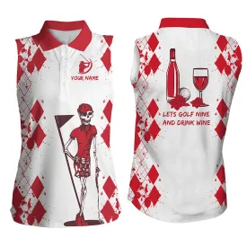 Womens golf shirt skull Golf & wine custom let's golf nine and drink wine womens sleeveless polo shirt