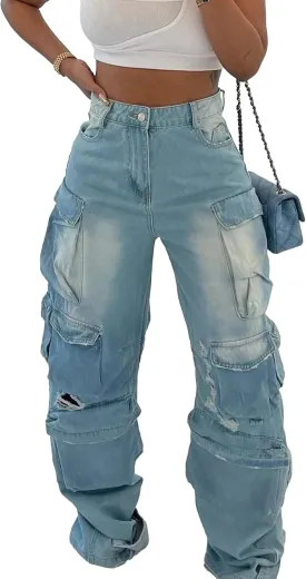 YOOTIKO Womens Baggy Jeans Cargo Pants Y2K High Waisted Distressed Street Denim Wide Leg Trousers with Pockets